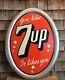 Rare 50s Vintage 7up It Likes You Tin Embossed Self Framed Oval Soda Sign 39