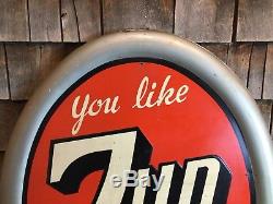 RARE 50s Vintage 7UP It Likes You Tin Embossed Self Framed Oval Soda Sign 39