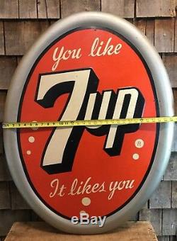 RARE 50s Vintage 7UP It Likes You Tin Embossed Self Framed Oval Soda Sign 39