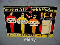 RARE ART DECO GRAPHIC 1920s Vintage MODERN ICE BOX Old Embossed Tin Sign