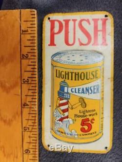 RARE VINTAGE LIGHTHOUSE CLEANSER EMBOSSED TIN LITHO DOOR PUSH/PULL SIGN-6x3