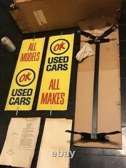 RARE VINTAGE TIN DOUBLE SIDED OK USED CARS SPINNER SIGN WithBRACKET, HARDWARE & BOX