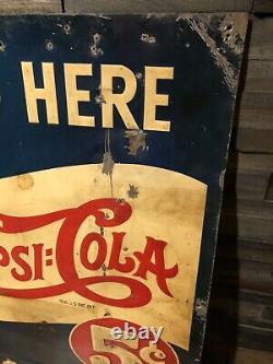RARE Vintage 1930s Pepsi Cola Sold Here Soda Advertising Tin Sign Double Dot