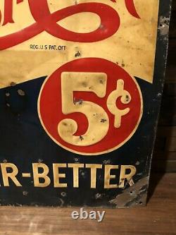 RARE Vintage 1930s Pepsi Cola Sold Here Soda Advertising Tin Sign Double Dot