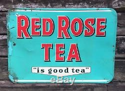 RARE Vintage 1950's RED ROSE TEA Tin Embossed Store Advertising Sign 27x19