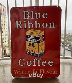 RARE Vintage 40s Original BLUE RIBBON Coffee Tin Advertising Sign 19x27