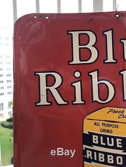 RARE Vintage 40s Original BLUE RIBBON Coffee Tin Advertising Sign 19x27
