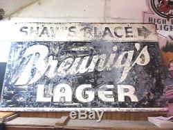RARE Vintage Breunig's Lager Beer tin metal sign 3' x 5' Rice Lake Wisconsin