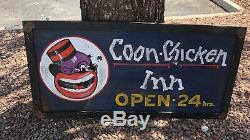 RARE Vintage Coon Chicken Inn Wood Framed Tin Sign Black Americana