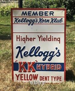RARE Vintage Kelloggs Korn Klub MEMBER Farm Feeds Seeds Tin Embossed Sign 27x19