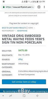 RARE Wayne Feeds Embossed Self Framed Tin Sign NOS Vintage Non Porcelain 1930's