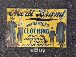Rare 1910s-20s Merit Brand Clothing advertising tin sign Menswear Workwear Vtg
