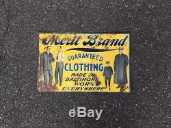 Rare 1910s-20s Merit Brand Clothing advertising tin sign Menswear Workwear Vtg