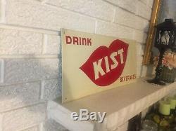 Rare C1950 Vintage Embossed Drink Kist beverages Tin Pop soda red lips sign Ohio