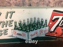 Rare Large Vintage 1950s 7Up 7 Up Soda Pop Gas Station Tin Tacker Metal Sign