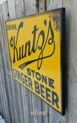 Rare Vintage 1920's DRINK Kuntz's STONE GINGER BEER Embossed Tin Metal SST Sign