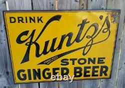 Rare Vintage 1920's DRINK Kuntz's STONE GINGER BEER Embossed Tin Metal SST Sign