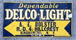 Rare Vintage Delco Light Binghamton NY Embossed Tin Tacker Sign Gas Oil Can Pump