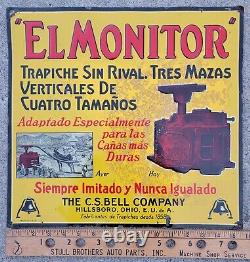 Rare Vintage El Monitor Graphic Embossed Painted Tin Advertising Sugar Mill Sign