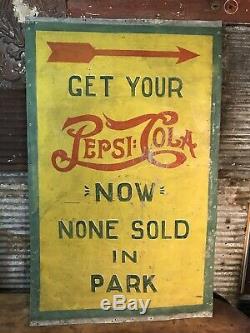 Rare Vtg 30s-40s Pepsi Cola Double Dot Hand Painted Detroit Tigers Park Tin Sign