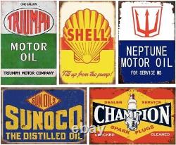 Reproduced Vintage Tin Sign Pack, Gas Oil Advert Antique Metal Signs for Gara