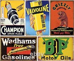 Reproduced Vintage Tin Sign Pack, Gas Oil Advert Antique Metal Signs for Gara