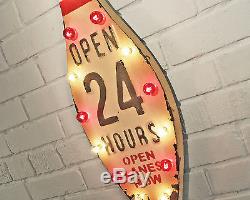 Rustic Vintage Metal OPEN 24 HOURS Bowling Ball Alley Pin Tin Marquee Sign Light