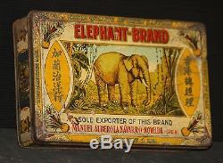 SAFFRON TIN ELEPHANT old used SPAIN vintage store bin LARGE litho sign HONG KONG