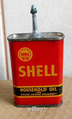 SHELL VINTAGE HOUSEHOLD OIL TIN CAN wCAP CYCLES SEWING MACHINE 4 OZS PETROL SIGN