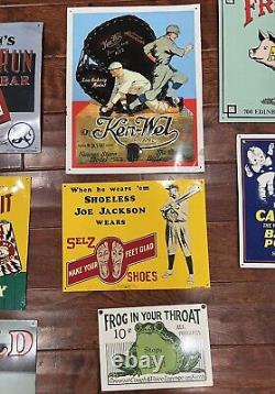 Set Of 14 Tin Metal Signs Gum, Cigarettes, Tobacco, Railroad, Baseball & More