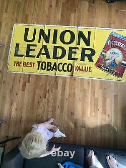 Union Leader Original Vintage Tobacco Banner Giant! Sign Rare Tin Ad Adver