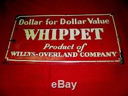 VINTAGE 1920s-30s Whippet Willys Overland single-sided embossed tin sign, REAL