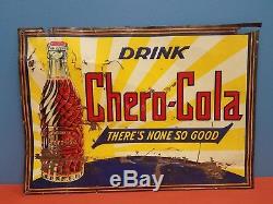 VINTAGE 1920s ORIGINAL DRINK CHERO-COLA (RC) TIN SODA POP SIGN WITH BOTTLE
