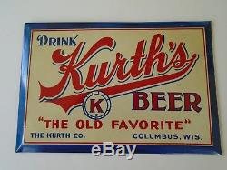 VINTAGE 1930s KURTH'S BREWERY WISCONSIN TOC TIN BEER SIGN POST PROHIBITION