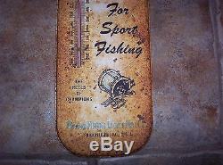 VINTAGE 50s PENN REELS TIN THERMOMETER SIGN PHIL PA OLD Ocean Sport FISHING ADV