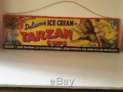 VINTAGE ANTIQUE TARZAN CUPS ICE CREAM STORE TIN SIGN 20 x 6