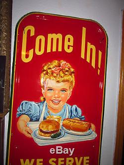 Vintage Dated 1953 Rarest Sunbeam Sign Girl With Hamburger Roll Tin Sign