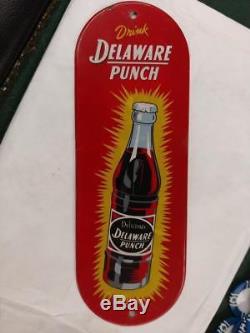 VINTAGE DELAWARE PUNCH TIN LITHO DOOR PUSH SIGN WITH ART-DECO BOTTLE-11.5x4