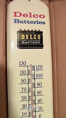 Vintage Delco Battery Tin Thermometer Sign Nos Non Porcelain Antique Gas Station