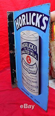 VINTAGE DOUBLE SIDED HORLICKS MALTED MILK DRINK TIN CAN PORCELAIN SIGN ENGLAND