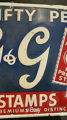 VINTAGE EMBOSSED TIN LITHO GOOD AS GOLD G & G RED STAMPS ADVERTISING SIGN 35