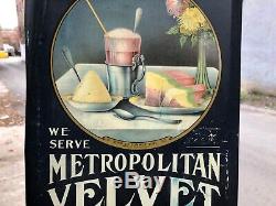 VINTAGE GRAPHIC c. 1910 TIN OVER CARDBOARD METROPOLITAN VELVET ICE CREAM SIGN