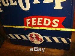 VINTAGE NOS LARGE FUL O PEP FARM FEEDS EMBOSSED TIN METAL SIGN With ROOSTERS