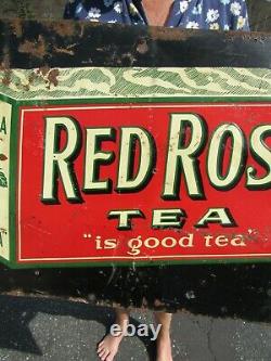 VINTAGE ORIGINAL 1894 1920 RED ROSE TEA EMBOSSED TIN TACKER SIGN 29 x 19 1/4