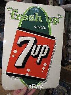 VINTAGE ORIGINAL 1920's-40's 7UP EMBOSSED TIN LITHOGRAPH SIGN BY STOUT SIGN CO