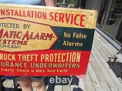 VINTAGE ORIGINAL 1940's AUTOMATIC ALARM SYSTEMS EMBOSSED TIN TACKER SIGN CHICAGO