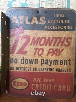 VINTAGE ORIGINAL ESSO ATLAS TIRES 6 Month Credit Card Sign Metal Advertising Tin