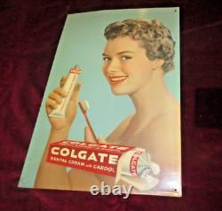 VINTAGE RARE ORIGINAL COLGATE TOOTHPASTE LITHO TIN ADVERTISING SIGN FROM 60s