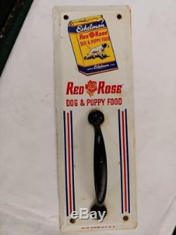 VINTAGE RED ROSE DOG & PUPPY FOOD TIN LITHO DOOR PULL SIGN WITH HANDLE-10x3.5