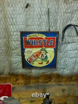 VINTAGE THIRSTY JUST WHISTLE barn find TIN SIGN. 30 X 26. Whistle Soda Cola
